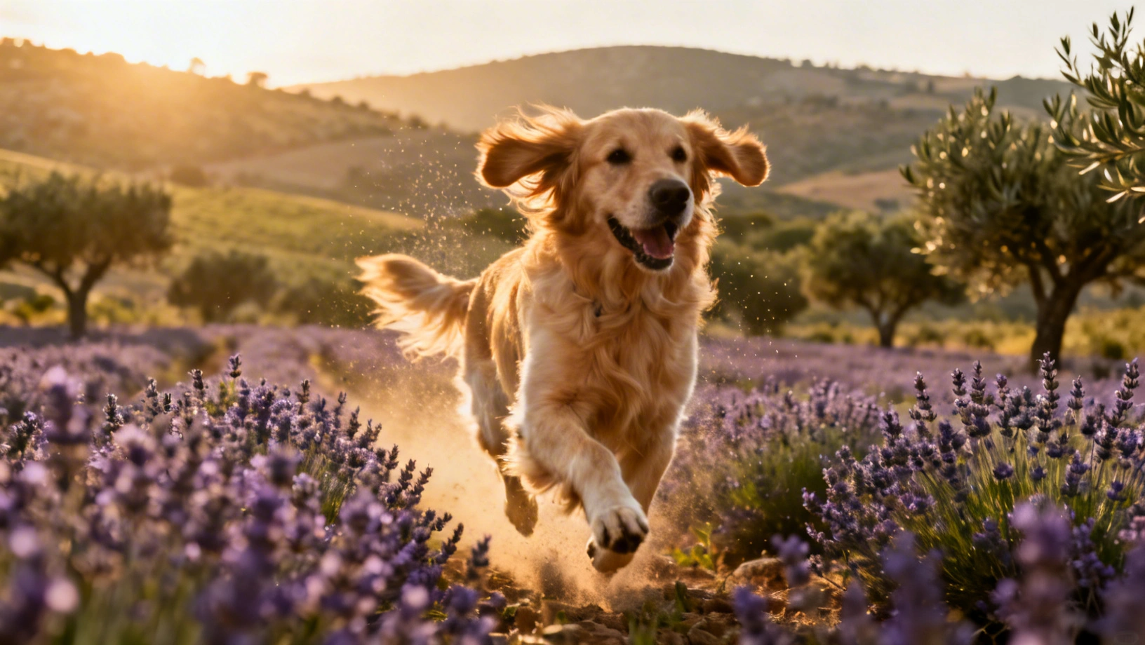 Un Golden Retriever courant joyeusement dans un champ de lavande en Provence
